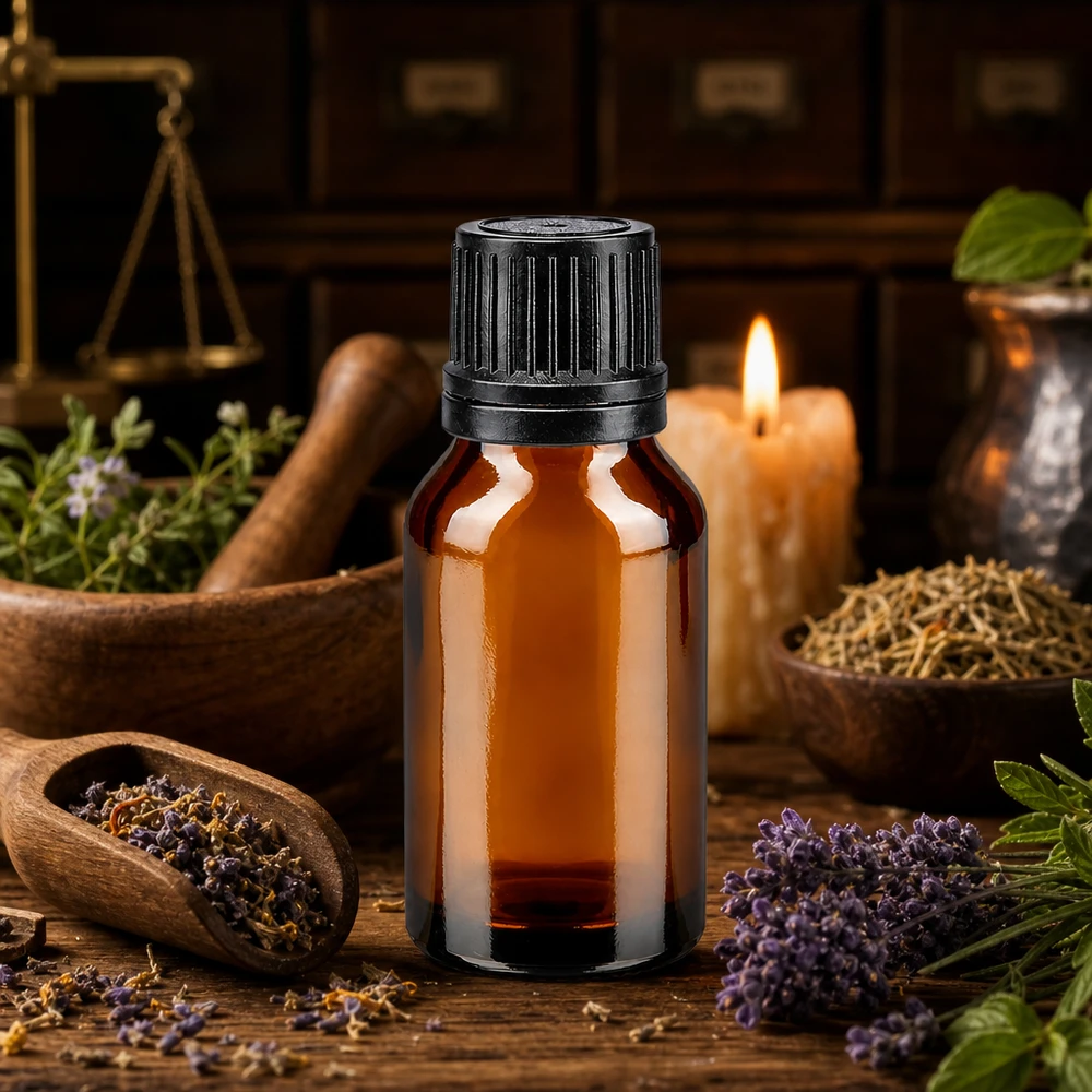 Flacon de pharmacie brun 15ml bouchon compte-gouttes 1mm noir bouchon inviolabilité Flacon d'huile essentielle de 15 ml en verre ambré avec bouchon noir, agrémenté d'une bougie et d'un arrangement d'herbes aromatiques