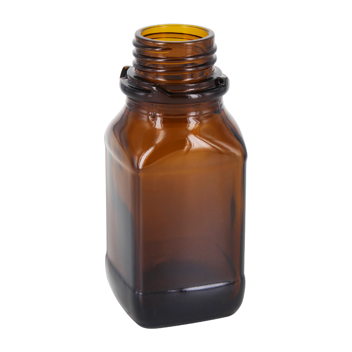 Flacon carré à col large (flacon à produits chimiques) en verre ambré 100 ml, avec goulot de norme DIN 32 (pour bouchon rayé)