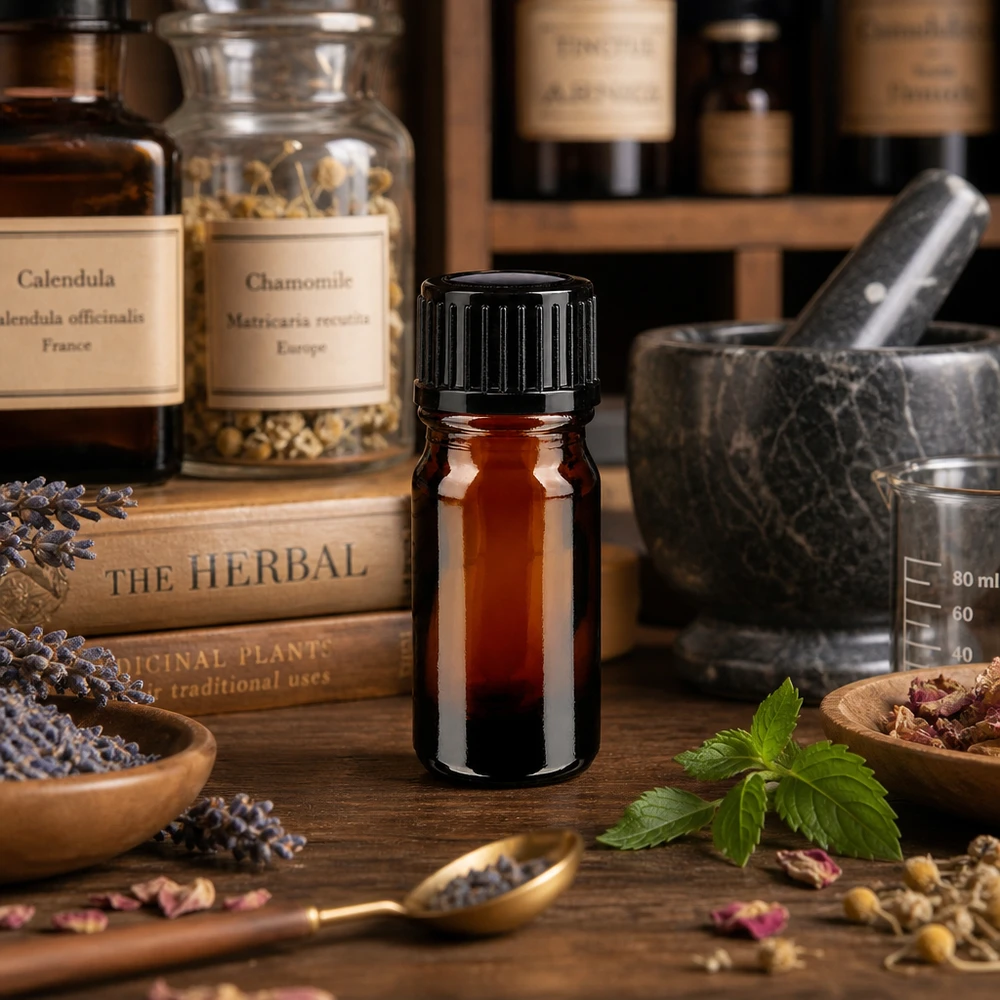 Flacon de pharmacie brun 5ml bouchon vissable noir standard Petit flacon de pharmacie de 5 ml, couleur ambre, posé sur une table en bois avec un mortier contenant du calendula et de la camomille