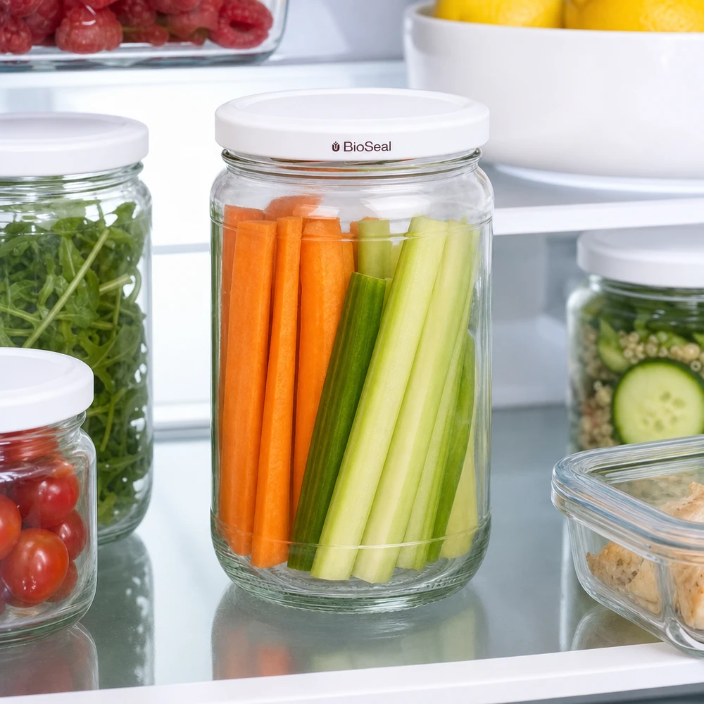 305ml Verre rond avec couvercle BioSeal blanc UNiTWIST UNiTWIST Runda305 im Kühlschrank mit frischen Karottensticks und Sellerie - optimale Gemüse-Frischhaltung dank BioSeal