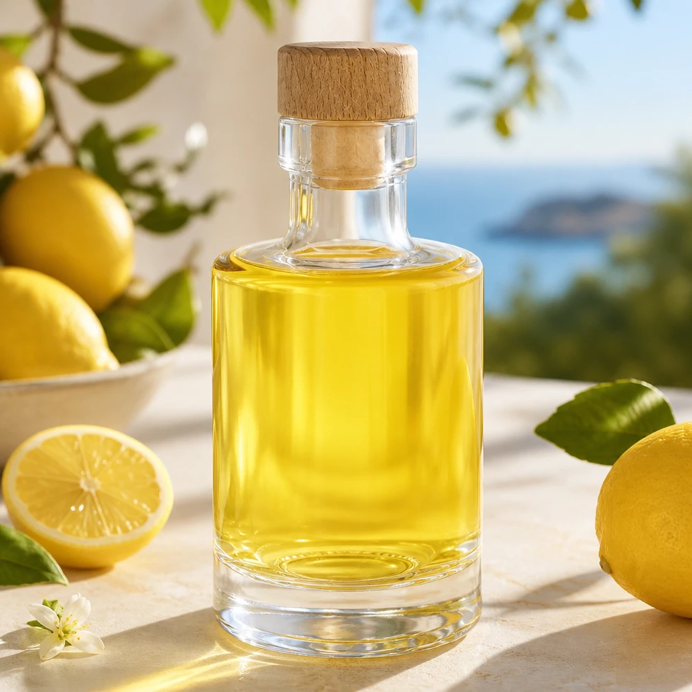 Bouteille en verre Marie de 100 ml avec bouchon en bois remplie d'huile de citron dans une cuisine ensoleillée avec des citrons frais et des feuilles d'agrumes