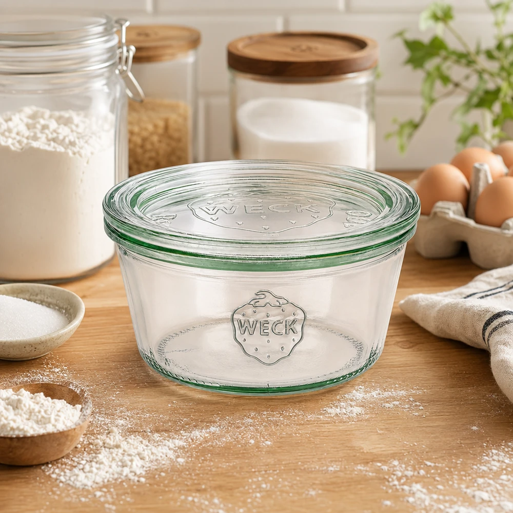 Bocal WECK RR100 de 290 ml, à bord évasé et couvercle en verre WECK Verre renversé 290ml RR100 dans cuisine avec farine oeufs et bocaux à provisions comme accessoires de pâtisserie et solution de conservation
