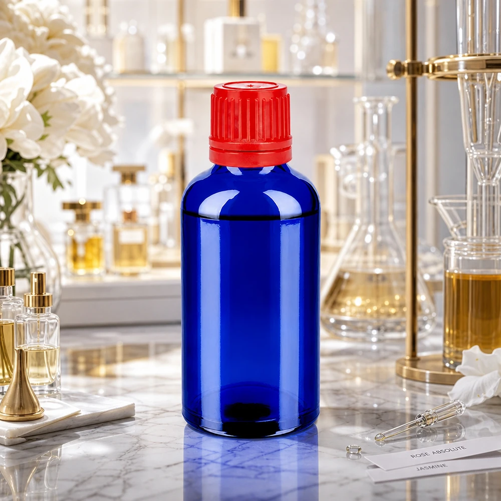 Flacon 50ml 11mm SV rouge OV BlueLine UT18/50 Flacon en verre résistant aux produits chimiques 50ml bleu avec SV rouge 11mm OV BlueLine UT18/50