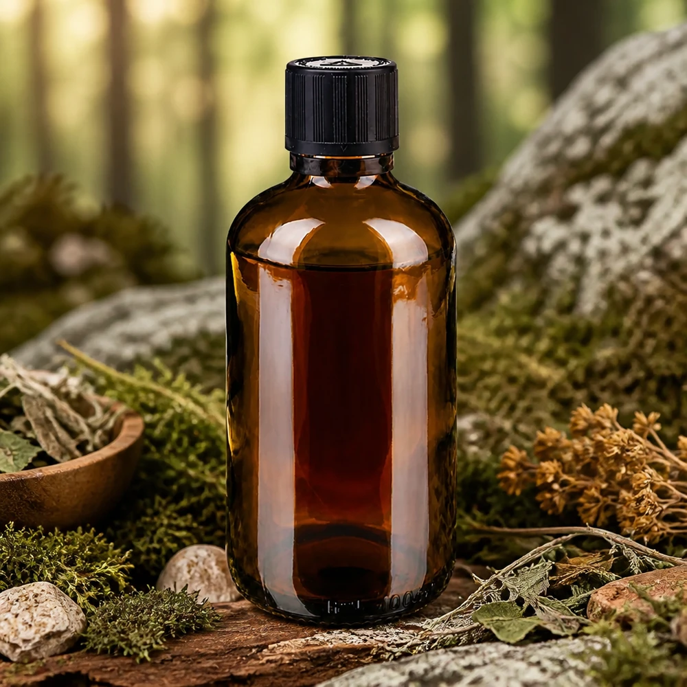 Flacon en verre ambré de pharmacie de 100 ml avec bouchon à vis à l'épreuve des enfants, posé sur du bois rustique dans un décor naturel