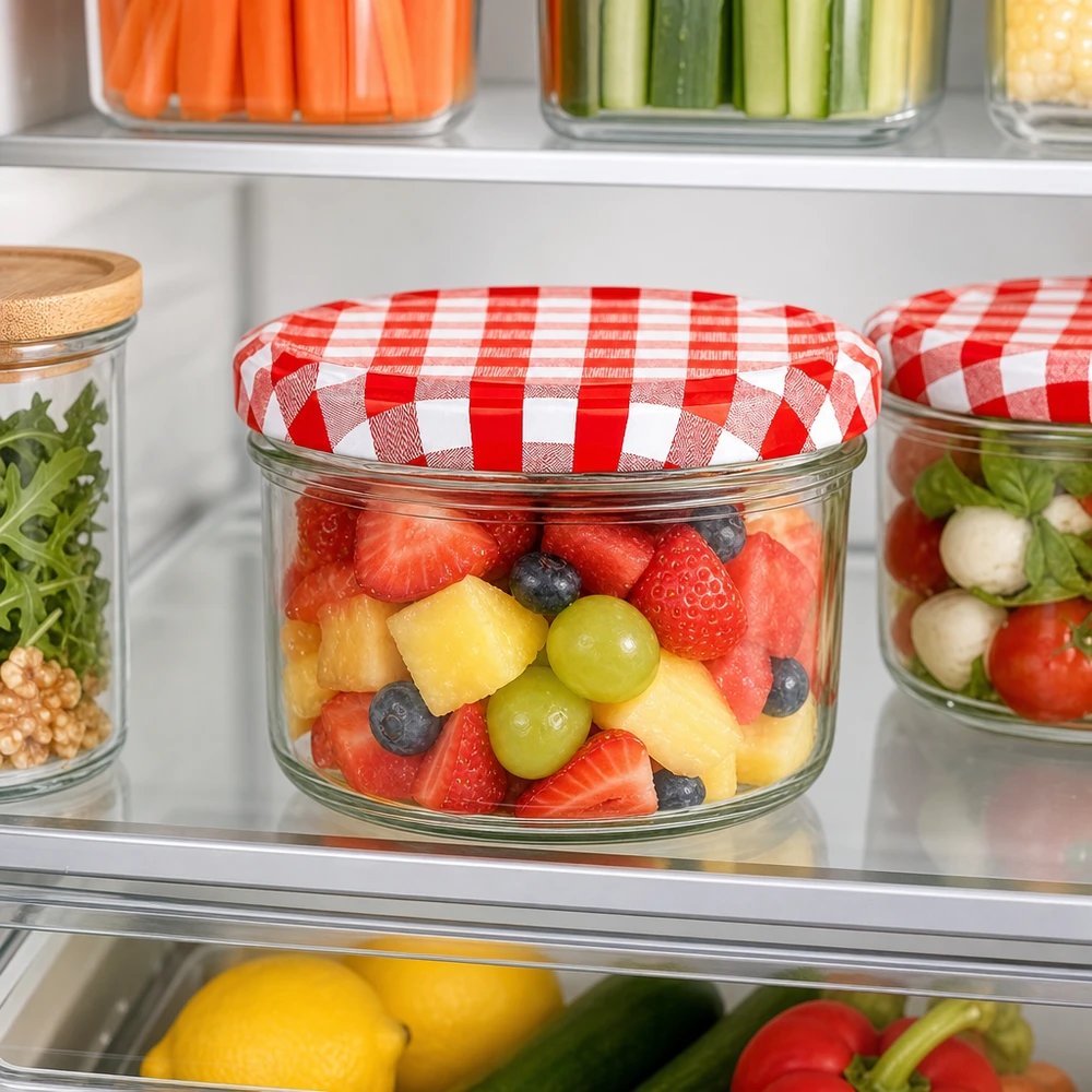 Pot cylindrique de 230 ml avec couvercle BasicSeal rouge et blanc rempli de salade de fruits dans le réfrigérateur ouvert pour conserver la fraîcheur