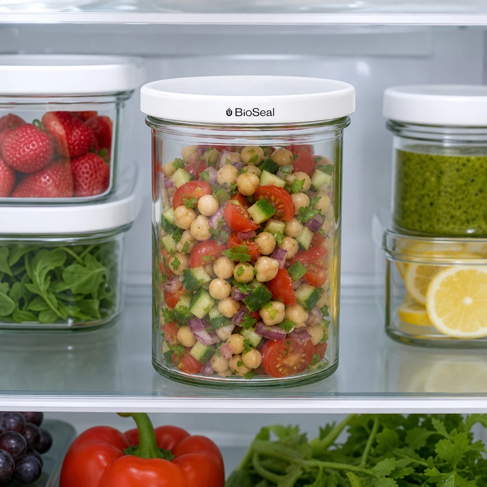 435ml Verre conique avec couvercle BioSeal blanc UNiTWIST UNiTWIST Pot renversé 435ml dans le réfrigérateur rempli de salade de pois chiches montre conservation pratique de Meal Prep