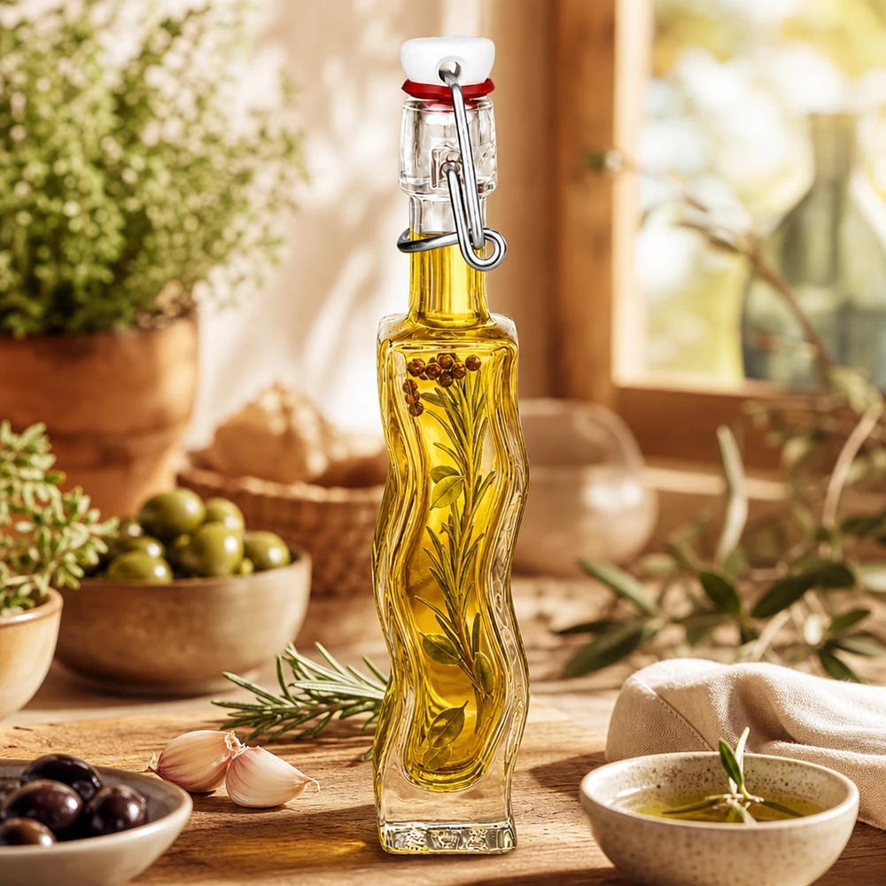 Flacon en verre « Fila » 40 ml avec bouchon en PVC UNiTWIST® Bouteille en verre Anna de 40 ml remplie d'huile aux herbes, décoration méditerranéenne avec olives et romarin sur table en bois