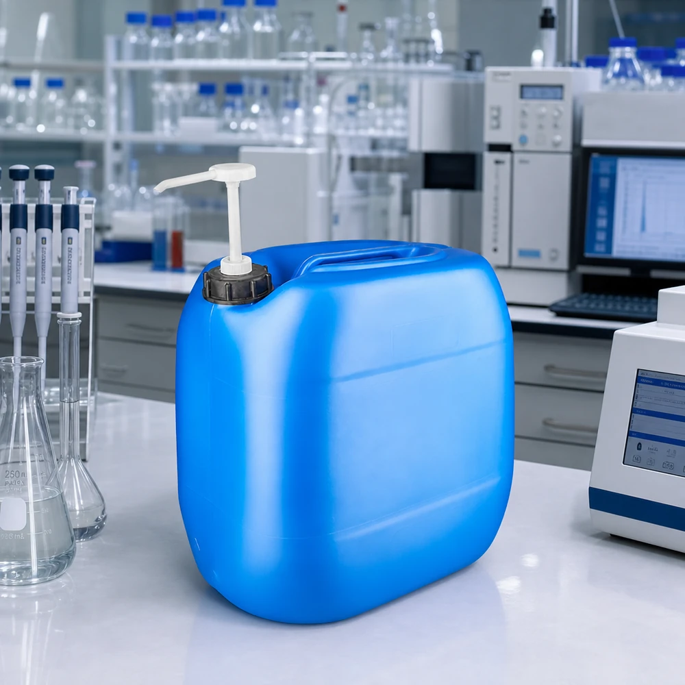 Bidon rectangulaire en plastique de 30 litres équipé d'une pompe doseuse, destiné à un environnement de laboratoire professionnel