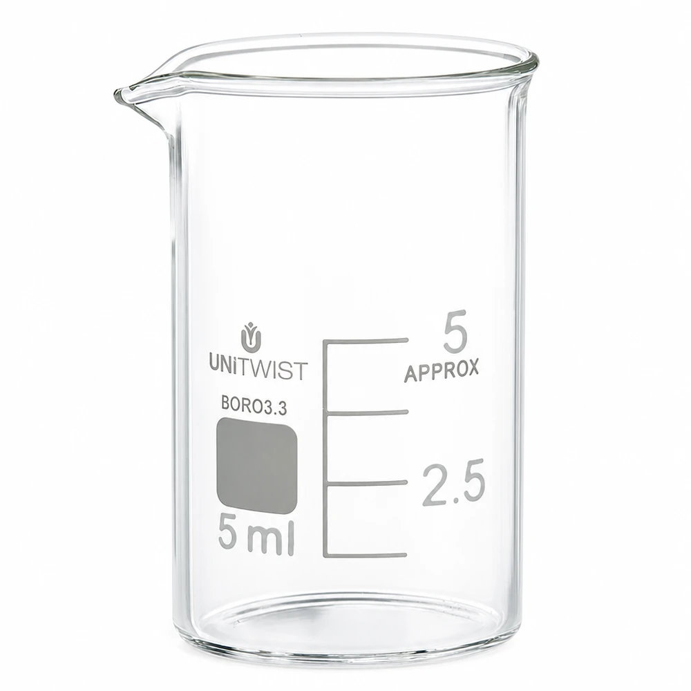 Bécher 5ml borosilicate, forme basse UNiTWIST Verre de laboratoire miniature de 5 ml avec bec verseur et graduation à 2,5 ml et 5 ml, en borosilicate