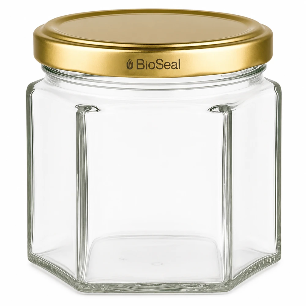 Récipient en verre hexagonal UNiTWIST Hexa47 avec couvercle TO43 BioSeal doré pour la conservation et le stockage