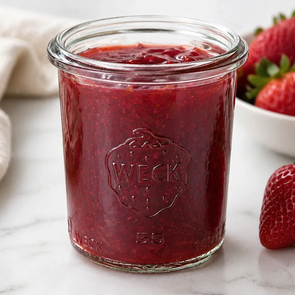 140ml bocal conique WECK RR60 WECK Pot renversé 140ml RR60 rempli de confiture de fraises rouges à côté de fraises fraîches sur une surface blanche