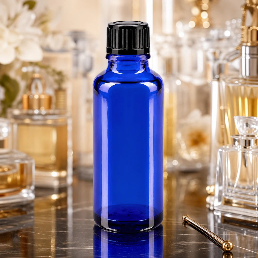 Flacon de pharmacie bleu cobalt de 30 ml avec verre anti-UV et bouchon standard noir de 11 mm