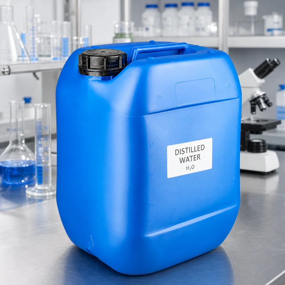 Eau distillée dans un bidon bleu de 10 litres muni d'un bouchon d'origine noir (OV) au laboratoire