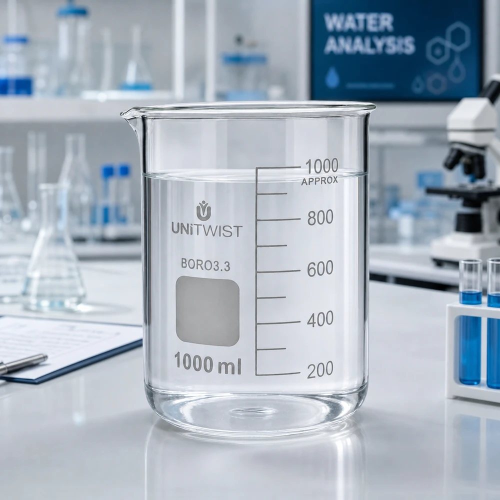 Bécher 1000ml borosilicate, forme basse UNiTWIST Bécher vide de 1 000 ml, de forme basse, en borosilicate, avec zone d'étiquetage, de la marque UNiTWIST