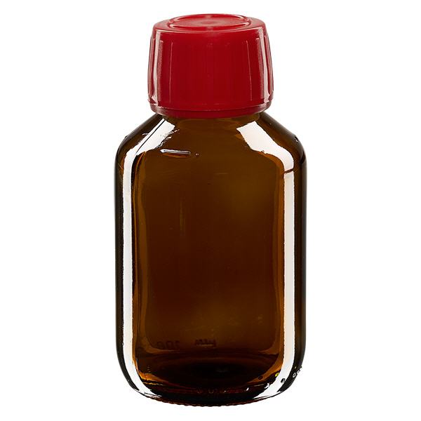Flacon médical 100 ml couleur ambrée avec bouchon rouge Flacon médical 100 ml couleur ambrée avec bouchon rouge