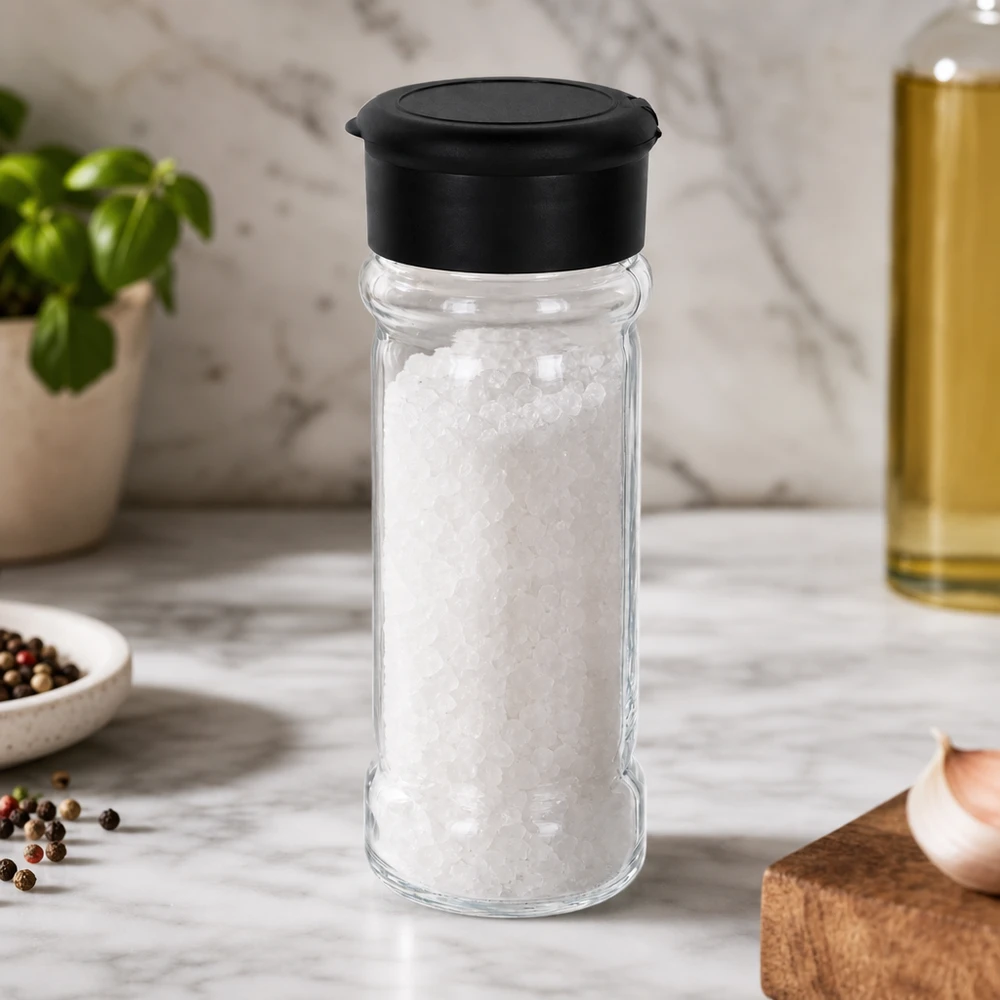 Pot à sel/épices 100 ml avec saupoudreuse, noir Un bocal en verre transparent de 100 ml contenant du sel, posé à côté d'herbes fraîches et de grains de poivre dans la cuisine