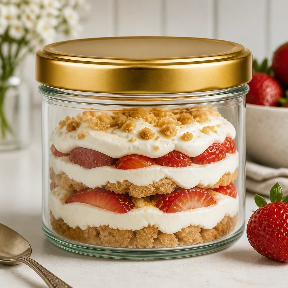 230ml Verre cylindrique avec couvercle BasicSeal or UNiTWIST 230ml Zylinderglas mit goldenem BasicSeal Deckel als schickes Dessertglas für geschichtetes Erdbeer-Trifle Nachtisch