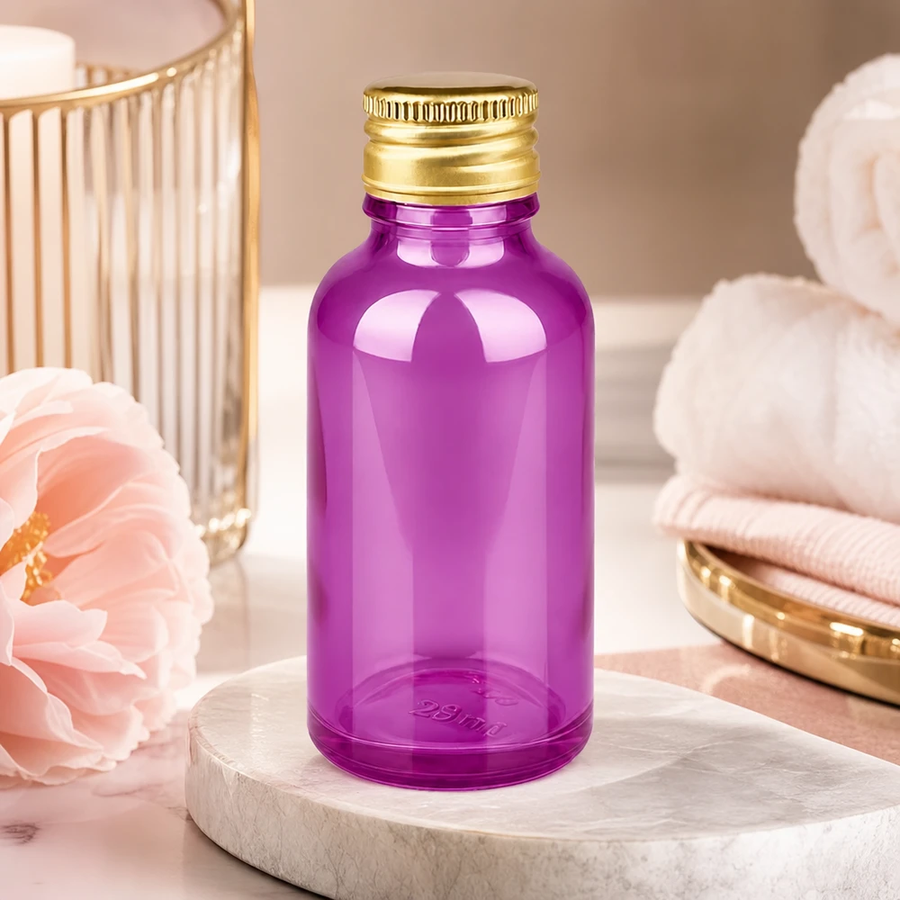 Flacon 30ml bouchon à visser 11mm alu-or standard PurpleLine. UT18/30 Bouteille violette de 30 ml avec protection UV et bouchon doré, idéale pour les extraits de plantes médicinales et les teintures.
