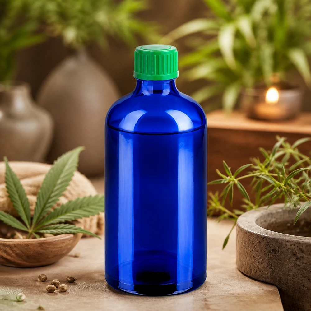 100ml Fl. goutte 0.8mm vert STD BlueLine UT18/100 Flacon compte-gouttes bleu de haute qualité 100ml en verre avec bouchon vert écologique pour produits naturels