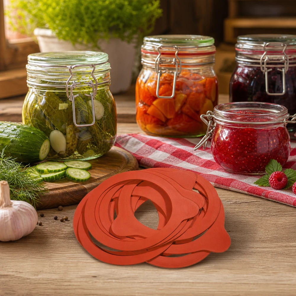 Anneau de mise en conserve en caoutchouc naturel RR100 Anneaux de cuisson en caoutchouc naturel RR100 empilés devant des conserves faites maison dans des bocaux sur une table en bois