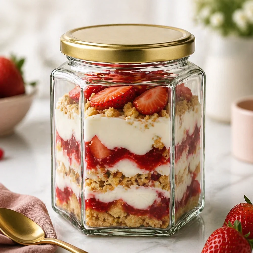 Pot à miel BasicSeal UT de 500g comme verre à dessert pour trifle à la fraise avec des miettes de biscuits à la crème Couvercle doré hexagonal