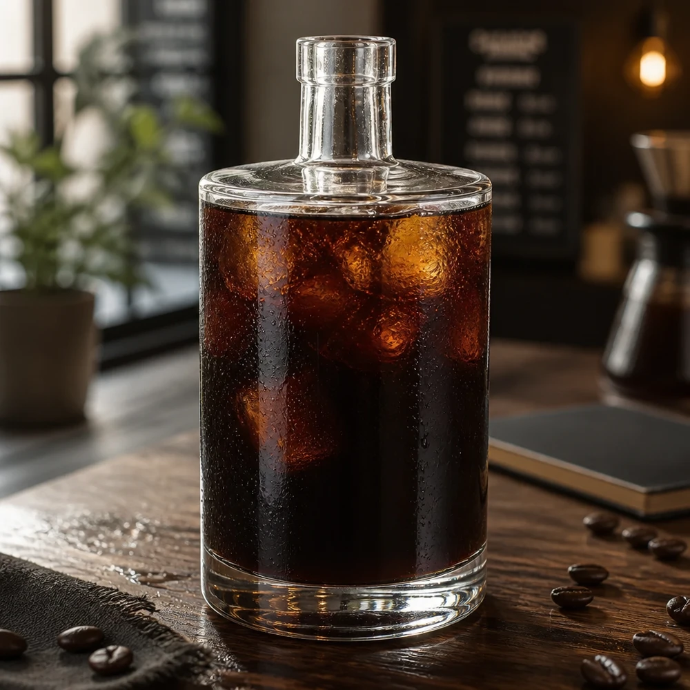 Bouteille en verre 700 ml « Marie » sans bouchon UNiTWIST® Bouteille en verre Marie de 700 ml remplie de café Cold Brew et de glaçons sur une table en bois avec des grains de café dans un café