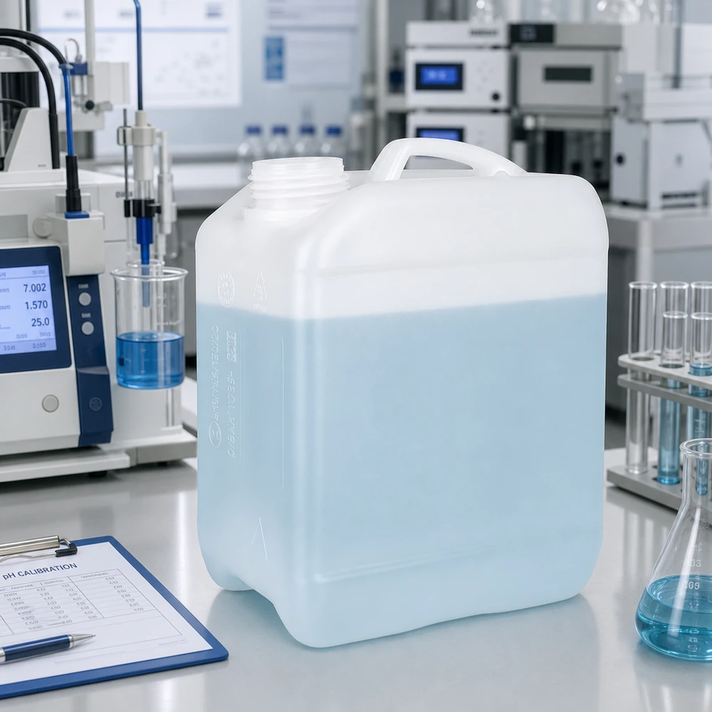 Bidon de 2,5 litres sans bouchon Petit bidon en PEHD de 2,5 litres, ouvert et sans couvercle, à côté d'un pH-mètre et de tubes à essai