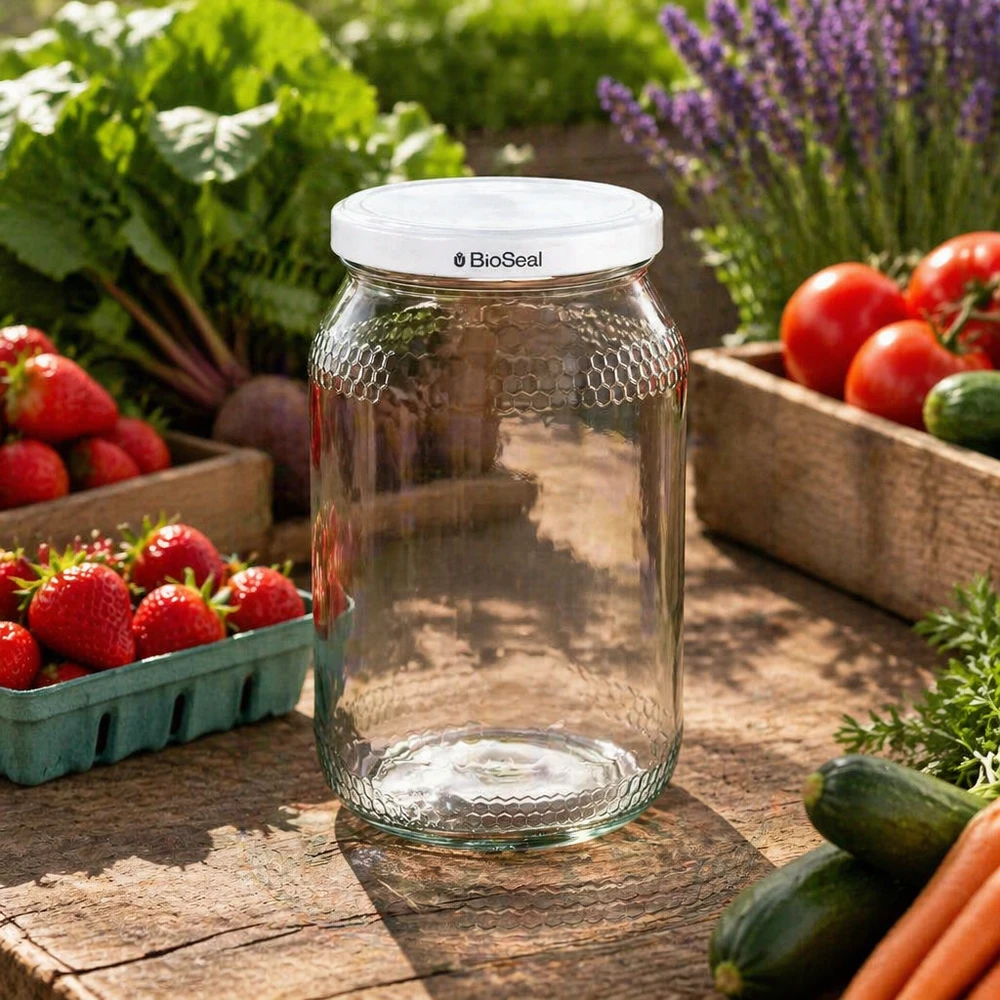 Pot de miel de 900ml avec couvercle BioSeal dans le jardin entre les fraises fraîches, les tomates et les herbes aromatiques comme pot de conserve