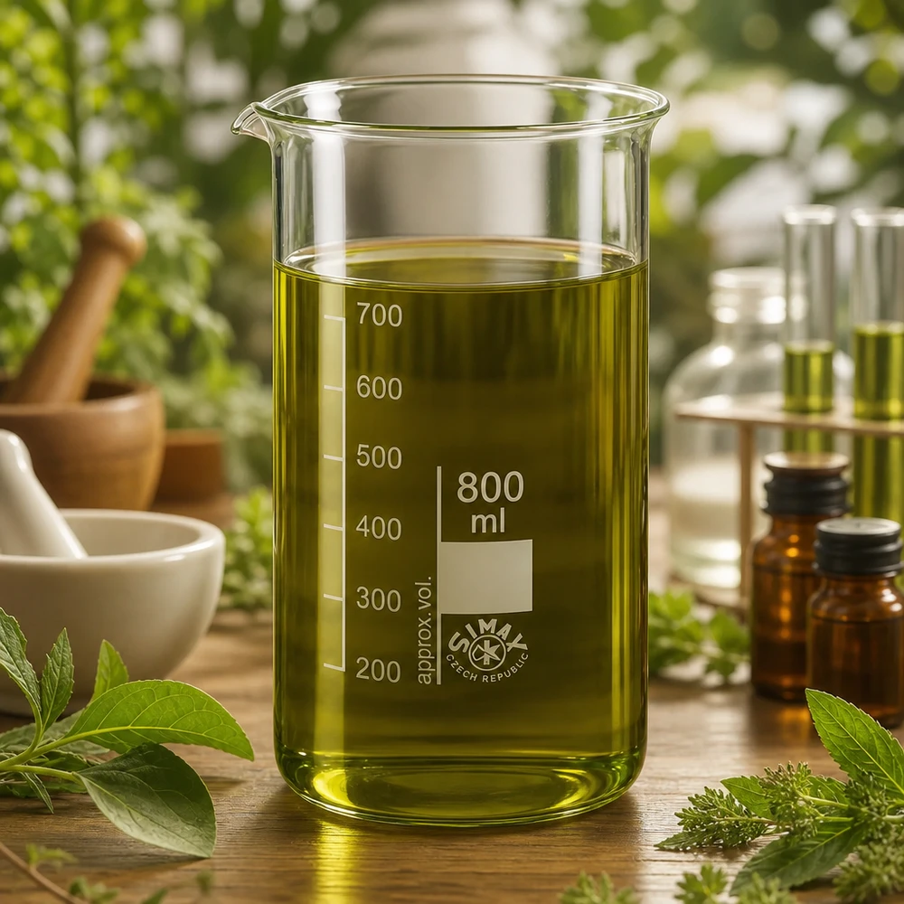 Bécher 800ml en verre borosilicate résistant à la chaleur (forme haute) Bécher de laboratoire transparent de 800 ml, de forme haute, contenant un extrait d'huile végétale et muni d'une graduation en millilitres visible
