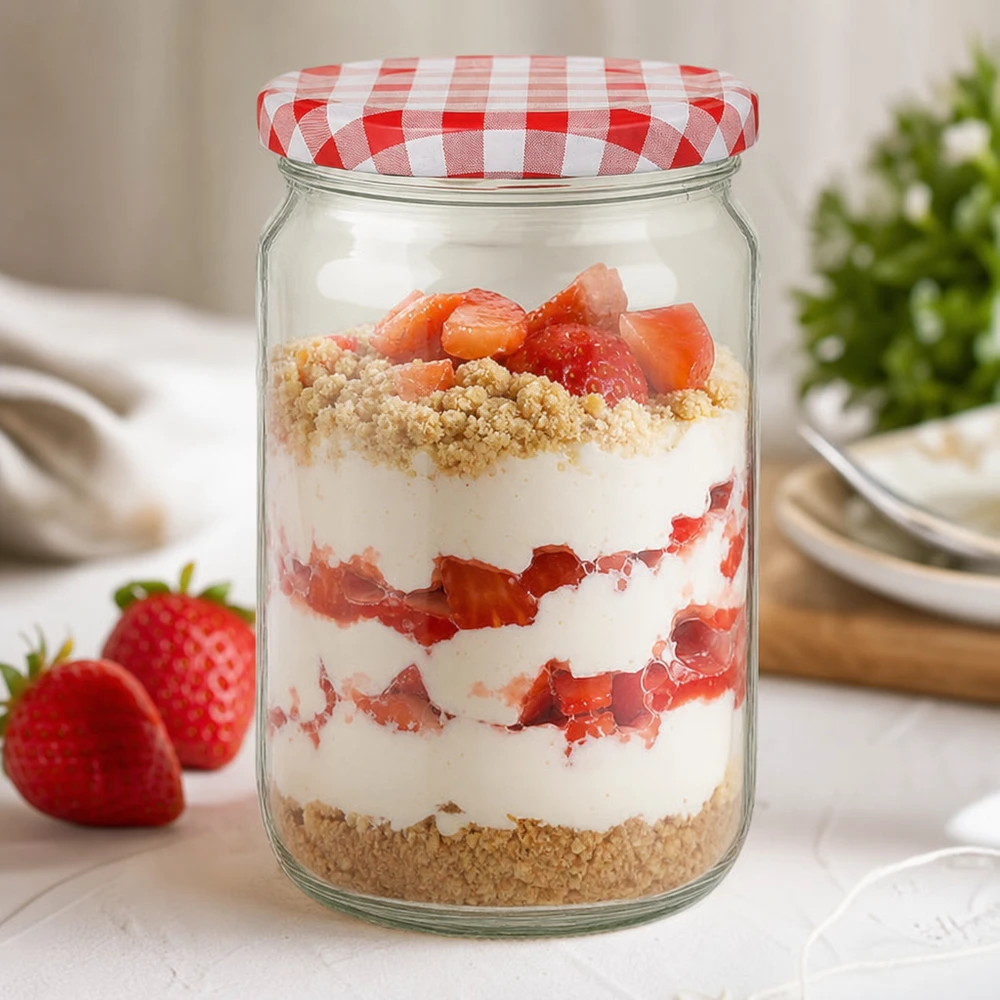 795ml Verre rond avec couvercle BasicSeal rouge/blanc UNiTWIST Verre rond de 795 ml avec couvercle BasicSeal comme verre à dessert avec des fraises, de la crème et des vermicelles, parfait pour les desserts sucrés