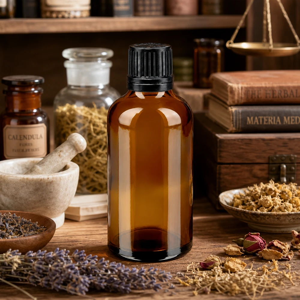 Petite bouteille en verre brun de 50 ml avec bouchon de protection OV de 8 mm, entourée d'herbes médicinales séchées