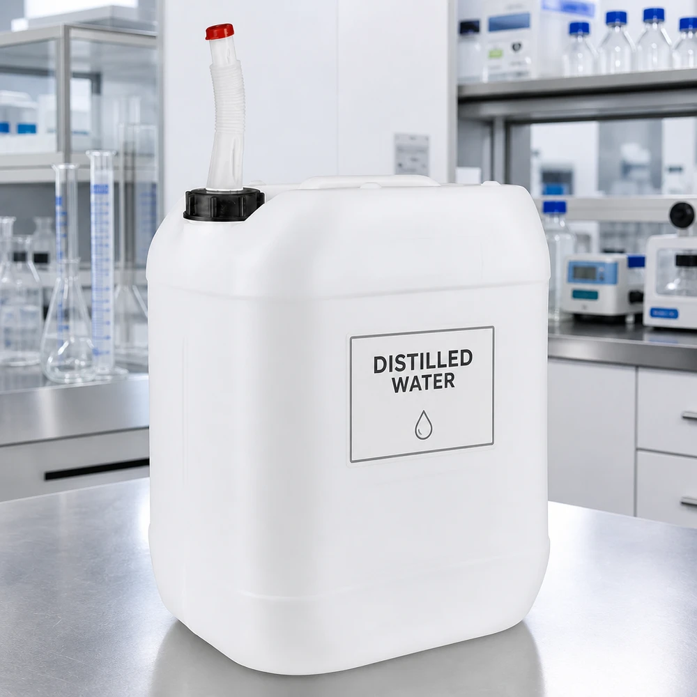 Bidon 20 litres avec tuyau d'écoulement Flex Grand bidon de 20 L avec bec verseur flexible et bouchon à vis noir, destiné aux applications de laboratoire