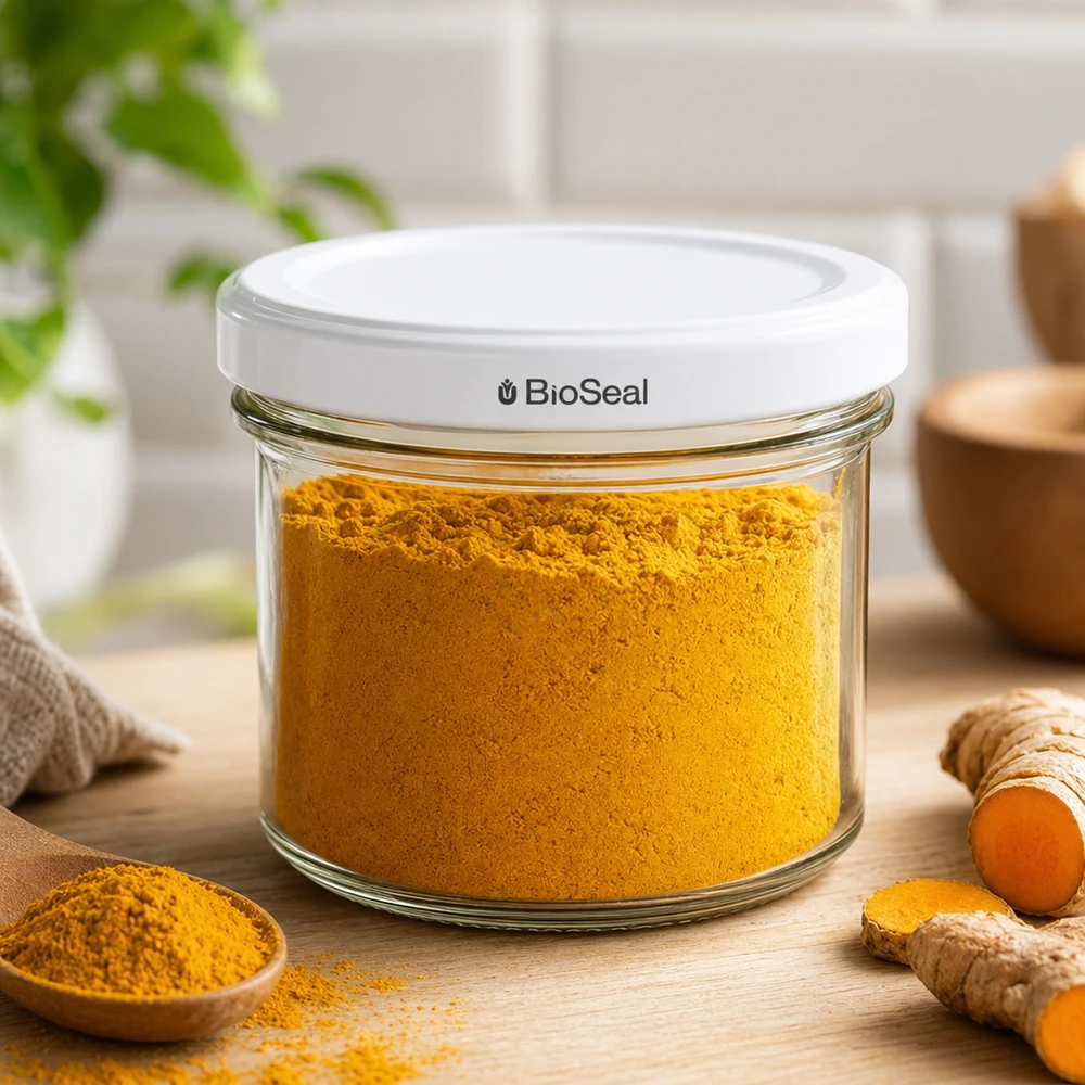 125ml Verre conique avec couvercle BioSeal blanc UNiTWIST UNiTWIST Verre renversé 125ml Conservation épices curcuma poudre Scène de cuisine TO66 BioSeal couvercle blanc verre