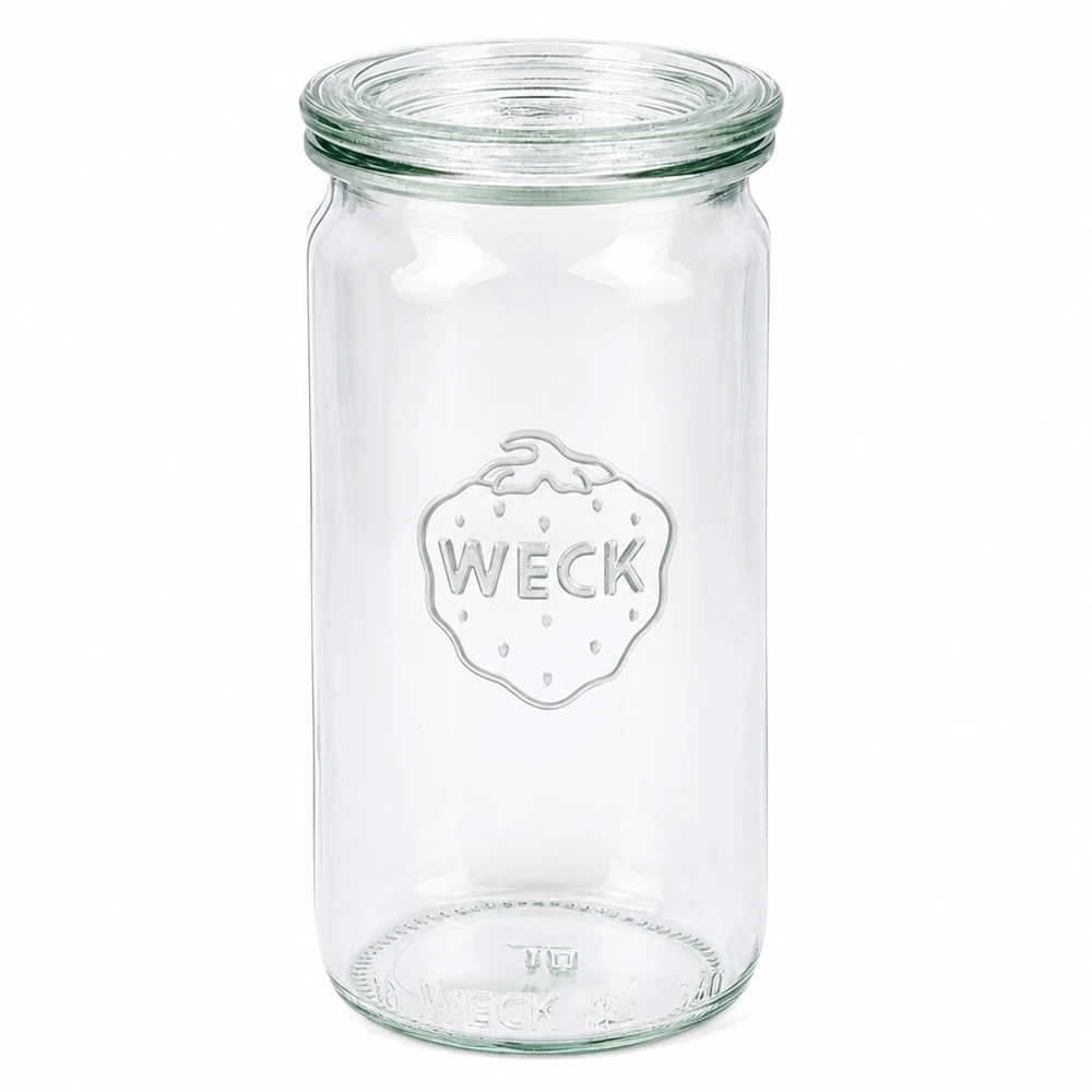 340ml bocal cylindrique avec bouchon en verre WECK RR60 WECK Pot cylindrique 340ml avec couvercle en verre RR60 Pot de conservation transparent vide sur fond blanc