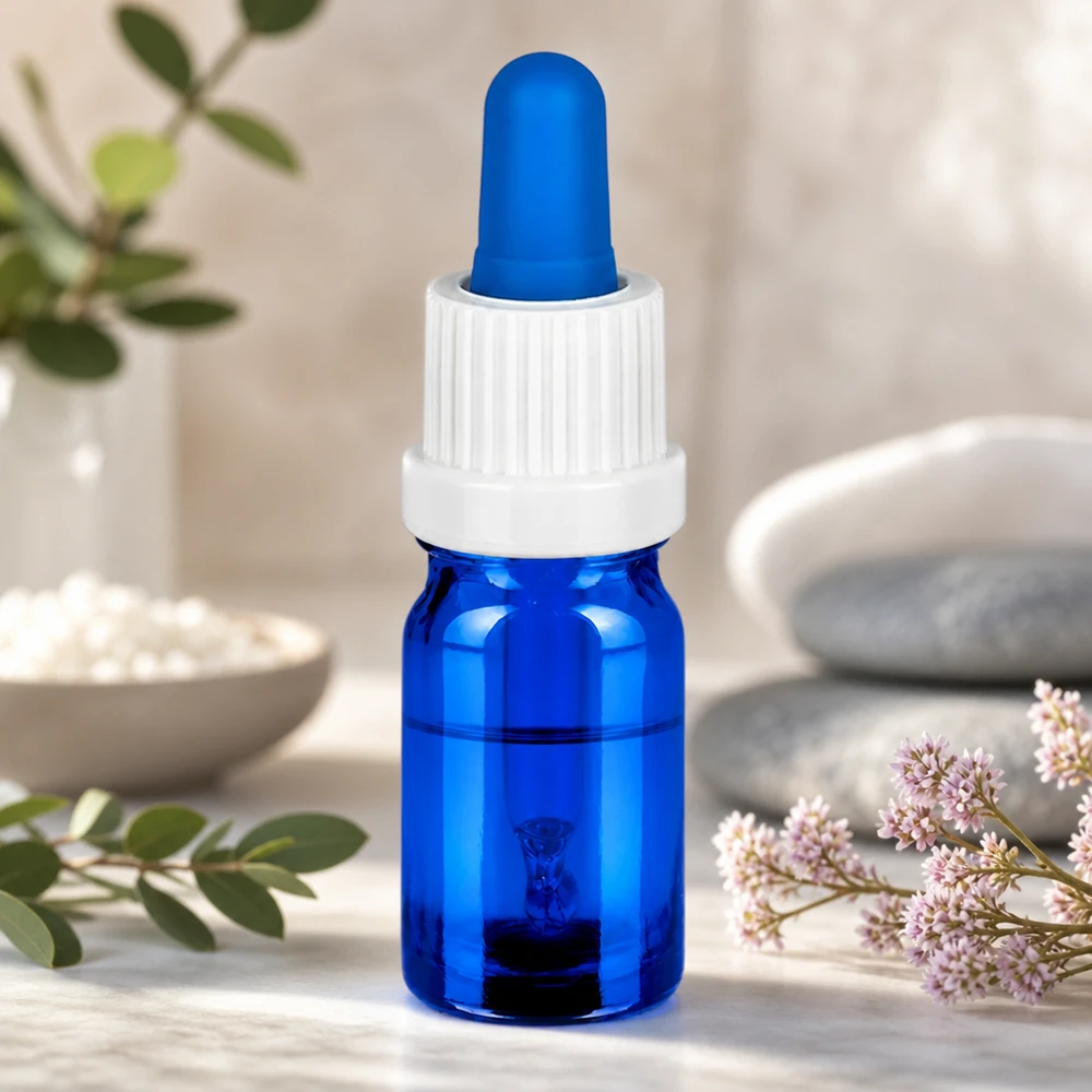 Flacon à pipette 5ml blanc/bleu OV BlueLine UT18/5 Flacon doseur médical de 5ml à corps bleu et bouchon blanc UT18 pour usage pharmaceutique