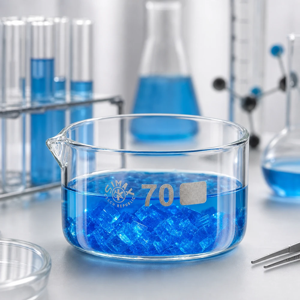 Coupelle de cristallisation 100 ml avec bec verseur Coupelle cylindrique en verre de faible hauteur, d'un diamètre de 70 mm, munie d'un bec verseur, destinée aux analyses chimiques
