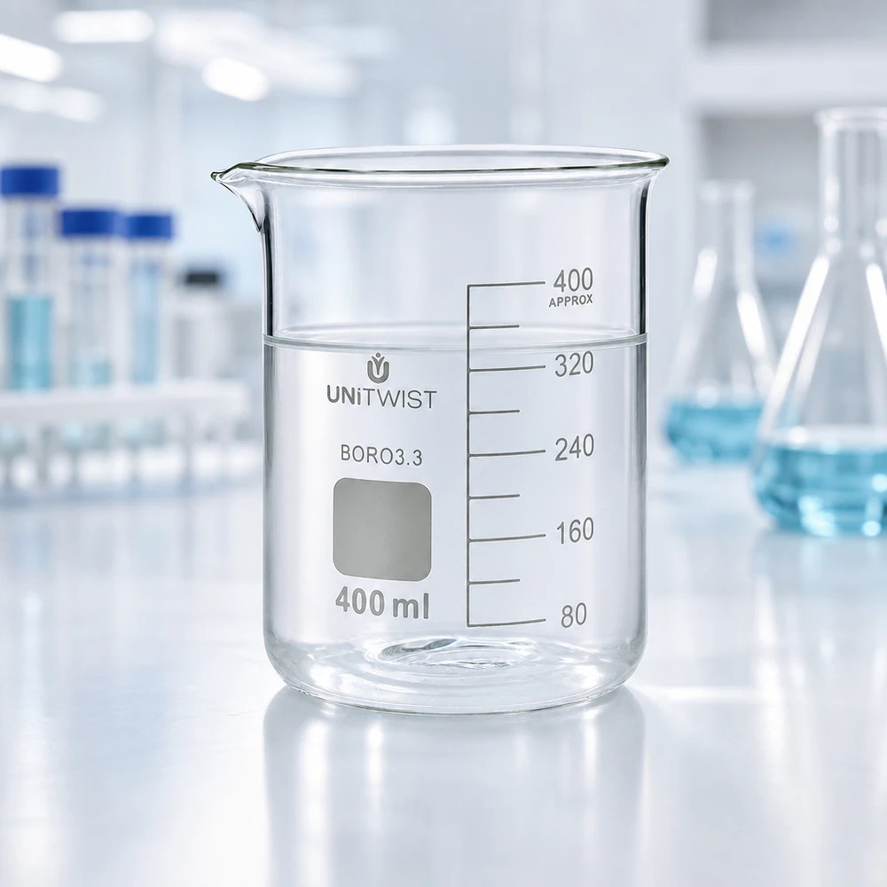 Beker 400ml borosilicaat, lage vorm UNiTWIST Verre becher UNiTWIST de 400 ml en BORO3.3, de forme basse, à côté d'un ballon d'Erlenmeyer dans un laboratoire professionnel