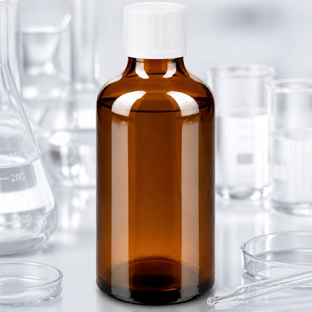 Flacon à pharmacie marron 50ml bouchon compte-gouttes blanc sécurité enfant std Flacon en verre ambré de 50 ml conforme aux normes pharmaceutiques, muni d'un bouchon de sécurité pour enfants, à côté d'un ballon d'Erlenmeyer et d'une pipette