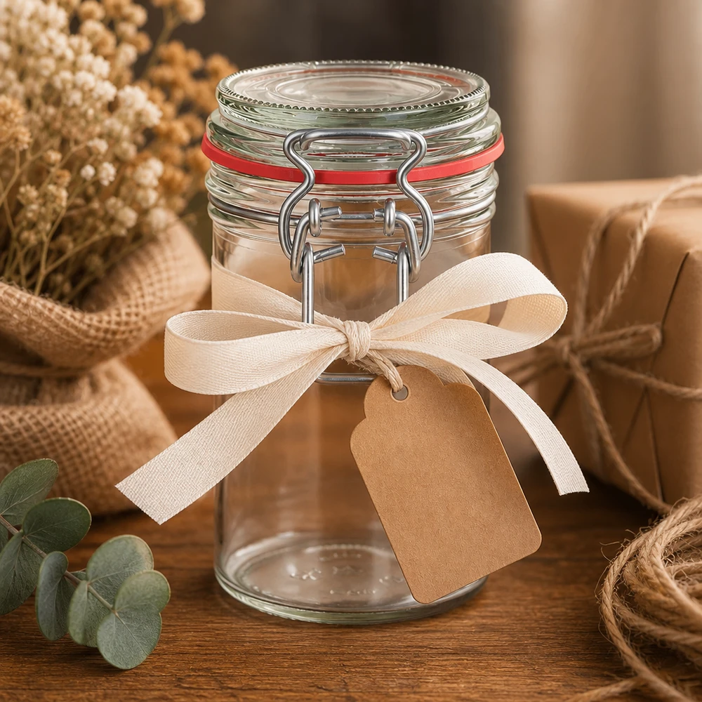 Bocal de conservation de 272 ml, type G, avec bouchon à clip UN.. Bocal à provisions de 272 ml avec fermeture à étrier et joint rouge, décoré d'un ruban beige et d'un pendentif sur une table en bois