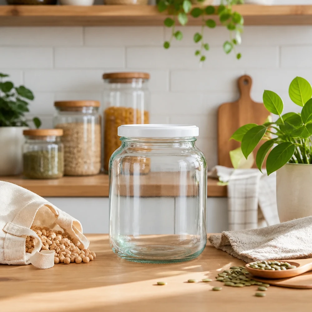 370ml Verre ovale UNiTWIST avec couvercle BasicSeal blanc dans la cuisine durable Zero-Waste avec des légumineuses et des plantes