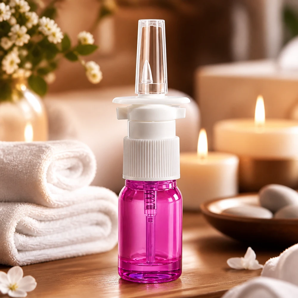 Vaporisateur nasal 5ml blanc/transparent standard PurpleLine UT18/5 Bouteille de spray nasal moderne de 5 ml d'un violet tendance avec système de vaporisation à pompe fiable