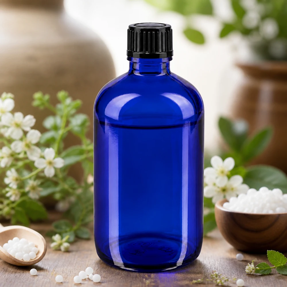 Flacon de pharmacie bleu 100ml bouchon compte-gouttes 1mm noir Std Flacon de pharmacie bleu de 100 ml STD avec bouchon noir pour préparations homéopathiques
