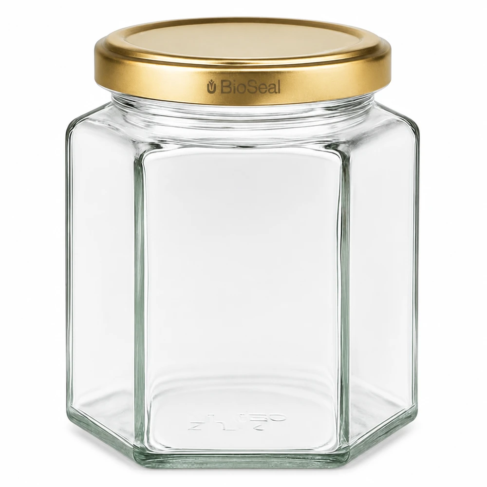 390ml Verre hexagonal avec couvercle BioSeal or UNiTWIST Récipient en verre hexagonal UNiTWIST Hexa390 avec couvercle doré TO70 BioSeal pour aliments et conserves