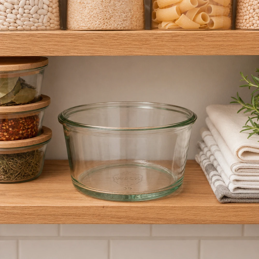 WECK Gourmetglas RR80 165ml dans le portique de cuisine entre les boîtes à provisions et les pots à épices sur une étagère en bois comme rangement