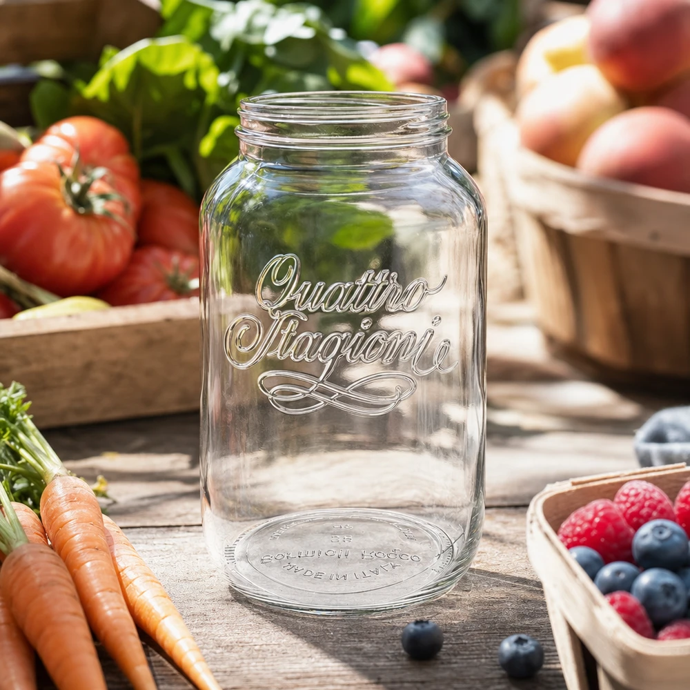 3800ml Quattro Stagioni Pot ménager transparent avec inscription entouré de légumes et fruits frais