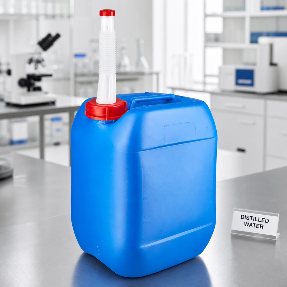 Bidon en plastique bleu de 10 L avec un tuyau souple blanc et un couvercle rouge, dans un laboratoire