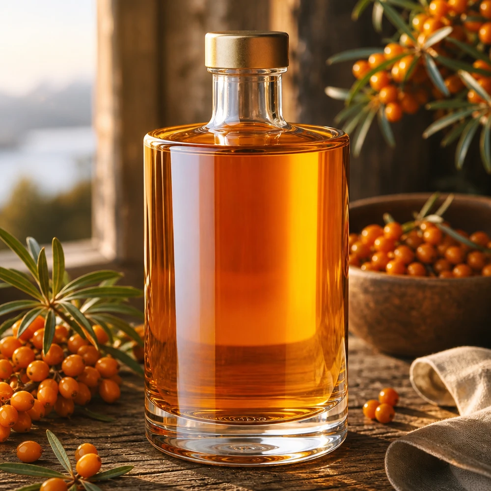 Bouteille en verre 375 ml « Sam » + bouchon à vis doré UNiTWIST® 375ml Glasflasche Sam mit goldenem Verschluss neben Sanddornbeeren dekorative Lifestyle Aufnahme Spirituosen Öle