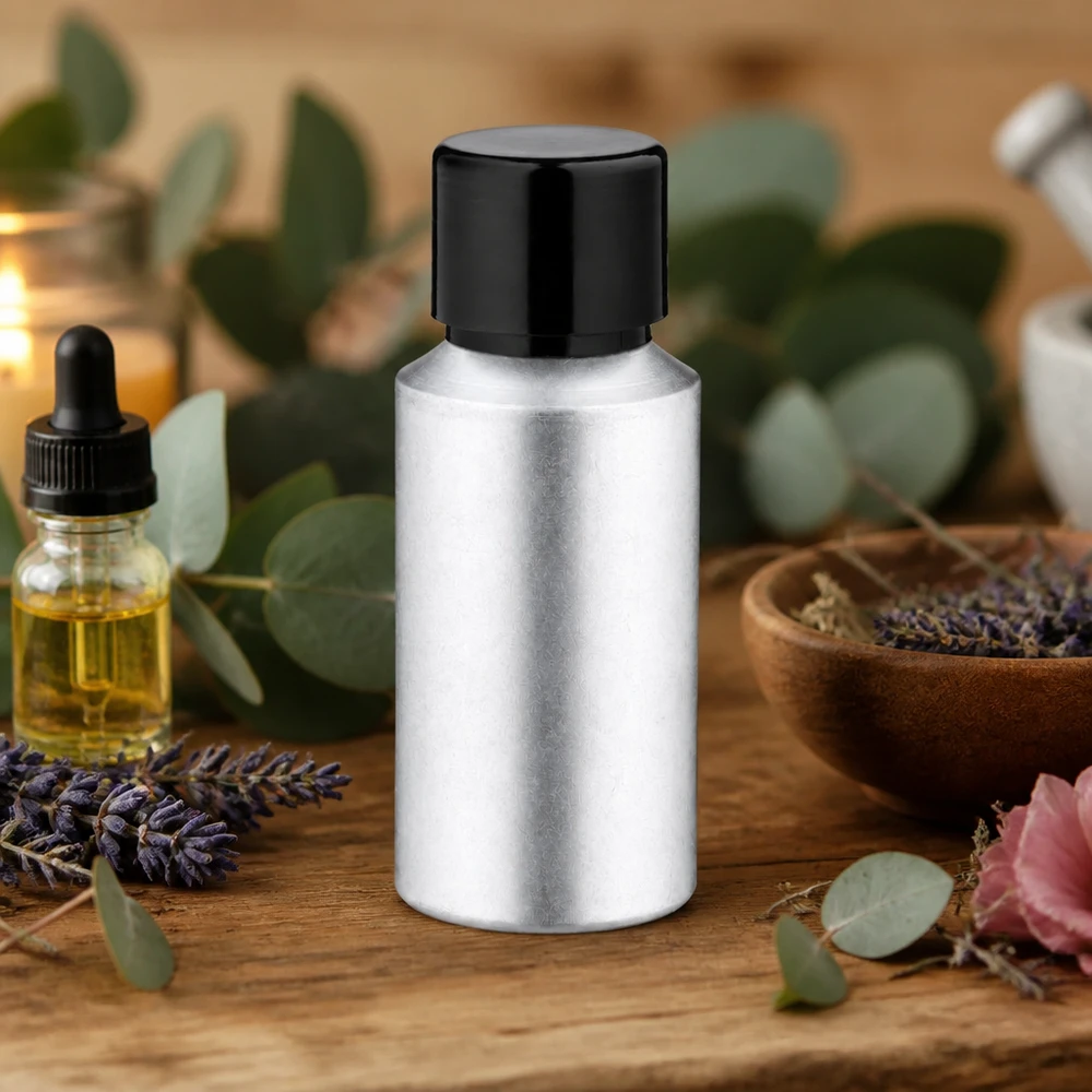 Bouteille en aluminium teinté 30 ml, avec bouchon à vis noir et joint conique Bouteille robuste en aluminium décapé de 30 ml avec bouchon à vis pour le voyage et les déplacements