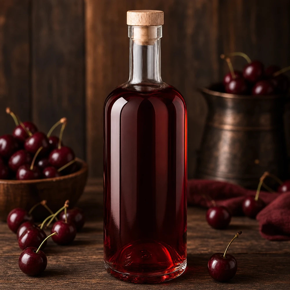 Bouteille en verre Emma de 750 ml avec bouchon en bois remplie de liquide de cerise rouge entourée de cerises fraîches sur une table en bois