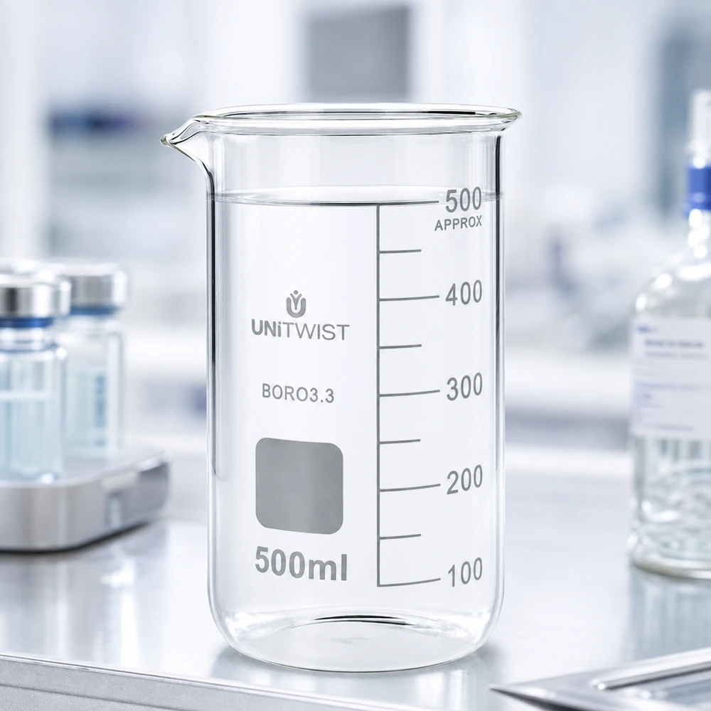 Bécher 500ml borosilicate, forme haute UNITWIST Verre borosilicaté : bécher de 500 ml, modèle haut, avec des ampoules et des flacons de laboratoire en arrière-plan